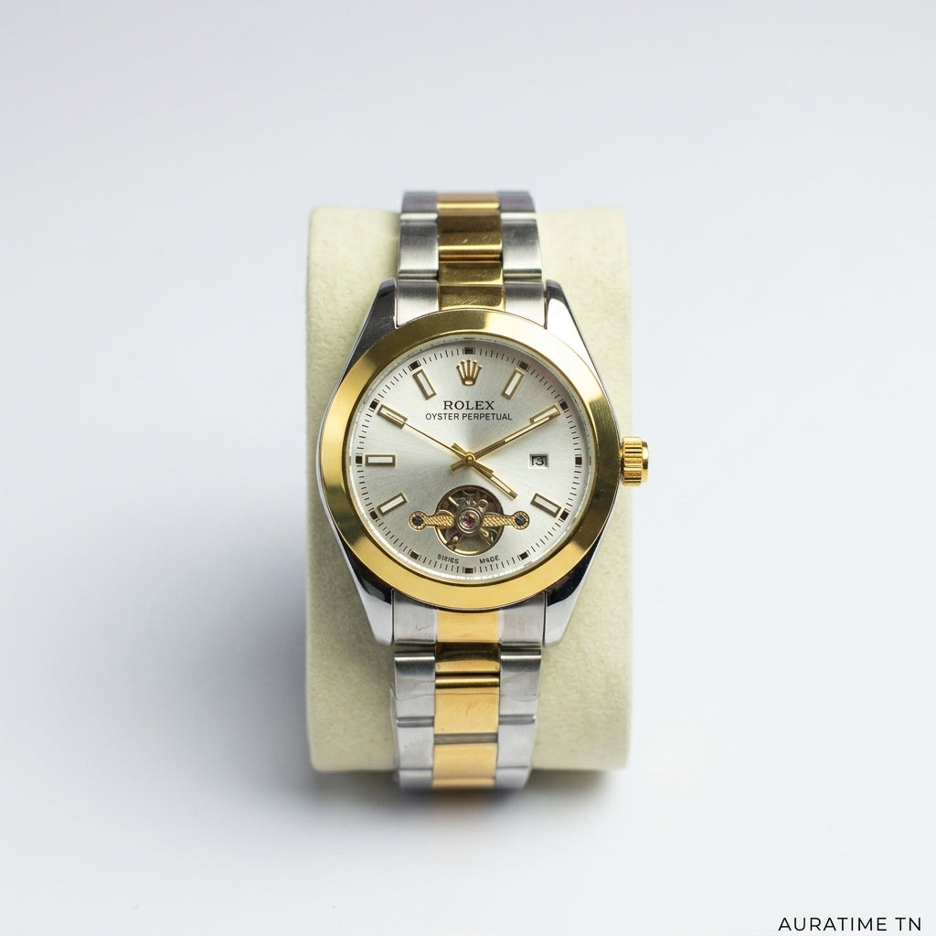 Montre Oyster Open Heart – Argent, Doré & Bleu