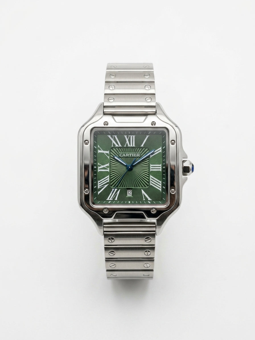 Montre Style Cartier Élégance Luxe – Vert, Noir & Argent